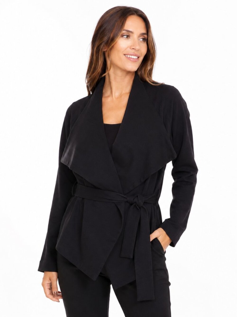 Jarbo Black Drape Front Belted Wrap Jacket Cotton Stretch Size 38 / US 8
